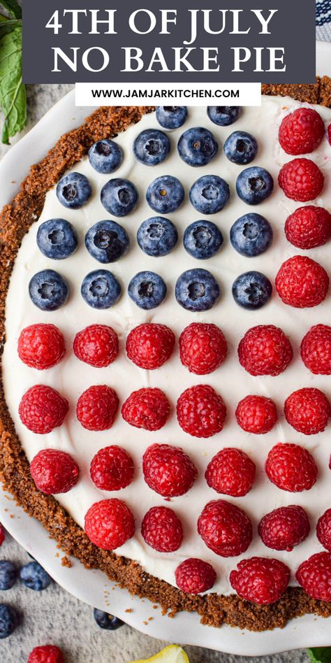 Easy summer dessert Memorial Day red white and blue lemon icebox pie Fourth Of July Pie, 4th Of July Pie Recipes, 4th Of July Pie, Fruit Flag, Patriotic Pie, No Bake Pie, Healthy Pies, Baking Recipes Pie, Spring Time Desserts