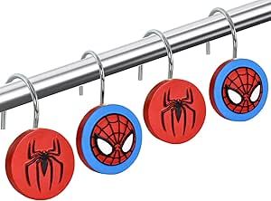 Spiderman Bathroom Ideas, Spiderman Bathroom, Curved Curtain, Curved Curtain Rods, Spider Theme, Kids Room Curtains, Man Shower, Cute Spider, Curtain Hangers