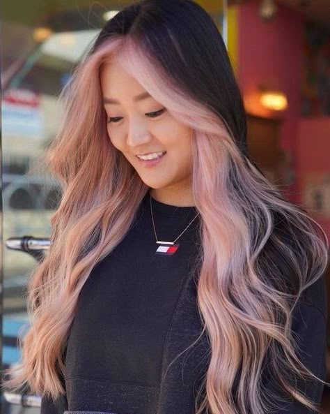 Hair Color Two Front Pieces, Summer Money Piece Hair, Underdye Hair With Money Piece, Pink And Blue Money Piece, Money Piece Pink Hair, Peach And Black Hair, Light Brown Hair With Pink Money Piece, Blonde With Colored Money Piece, Light Pink Halo Hair