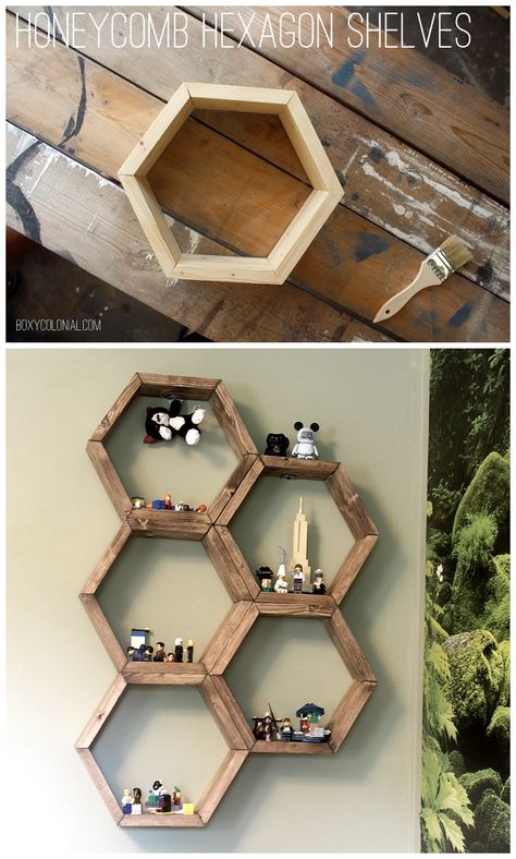 DIY Hexagon Honeycomb Shelves: Step by step tutorial with photos Honeycomb Hexagon, Diy Honeycomb, Honeycomb Shelves, Hex Tile, Hexagon Shelves, Shelves Diy, Diy Holz, Pallet Ideas, Décor Diy