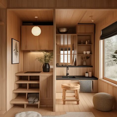 Japandi meets tiny house: the perfect match! Japanese Tiny Apartment Design, Tiny House Design Cabin, Japan Tiny Apartment, Japanese Small House Interior, Japanese Cabin Interior, Japan House Interior Design, Japandi Tiny Apartment, Small Tiny House Design, Japandi Tiny House