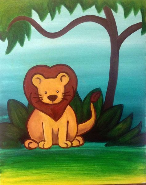 Kids painting for kids camp Lion Canvas Painting Easy, Jungle Drawing Easy, Painting Library, Paintings For Kids, Drawing Pictures For Kids, Easy Scenery, Lion Canvas Painting, Easy Painting Projects, Easy Scenery Drawing