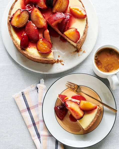 Plum Cheesecake, Plum Compote, Crepe Suzette, Cheese Maker, Vegetarian Bake, Fresh Lemon Juice, Cheesecake Recipes, Vanilla Bean, Serving Platters