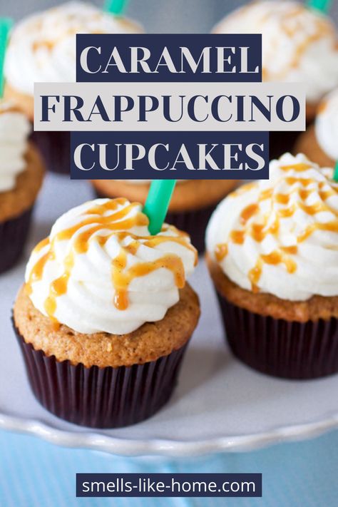 Caramel frappuccino cupcakes: Make your favorite Starbucks frappuccino into a cupcakes! With an espresso cupcake topped with whipped cream and a vanilla bean caramel drizzle, you're going to love them! Salted Caramel Starbucks, Starbucks Cupcakes, Fun Cupcake Recipes, Cupcake Wars, Dessert Party, Good Eat, Think Food, Fun Cupcakes, Yummy Cupcakes