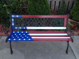 Painted Benches, Americana Crafts, Flag Crafts, Blue Bench, 4th July Crafts, Flag Painting, Fourth Of July Decor, Patriotic Crafts, Americana Decor