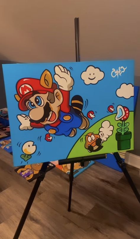 Things To Paint Cartoon, Mario Painting Ideas, Big Cartoon Paintings, Mario Canvas Painting Easy, Character Canvas Painting, Paintings Cartoon, Cool Cartoon Paintings, Mario Bros Painting Canvas, Character Paintings On Canvas