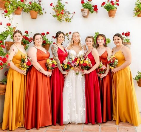 Yellow and Red Wedding Color Palettes 2024, Mismatched Yellow and Red Bridesmaid Dresses, Yellow and Red Wedding Bouquets Red Pink Yellow Wedding, Red And Yellow Wedding Theme, Red Yellow Wedding, Bridesmaid Dresses Yellow, Pink Yellow Weddings, Yellow Wedding Bouquet, Yellow Wedding Theme, Wedding Colors Red, Wedding Color Palettes