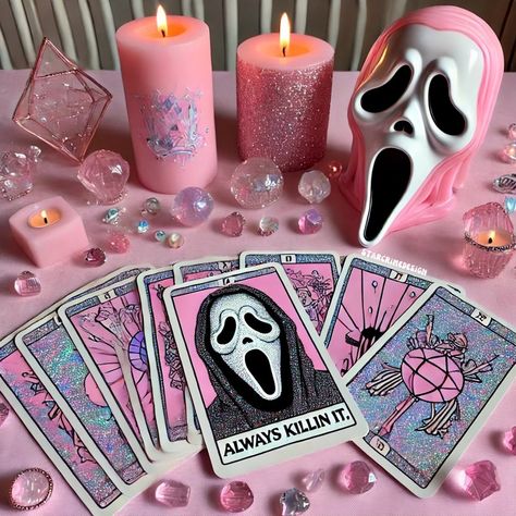 Pink Witchcraft, Tarot Cards Wallpaper, Pink Tarot Cards, Tarot Deck Aesthetic, Pink Philosophy, Halloween Tarot Cards, Pink Halloween Aesthetic, Bubblegum Witch, Tarot Card Aesthetic