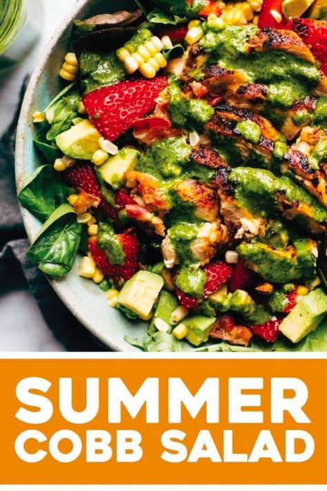 This juicy salad tastes like summer! With chipotle chicken, sweet corn, avocado, cilantro vinaigrette, bacon crumbles, and fresh strawberries for a pop of sweetness. Chicken Breast With Bacon, Chipotle Chicken, Indulgent Desserts, Chicken Bacon, Vegetable Salad, Green Salad, Spring Recipes, Popular Recipes, Cilantro