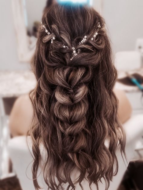 Bridal Hair Curled With Braid, Braided Wedding Hairstyles Brunette, Half Up Half Down Braided Hairstyles Wedding, Bridal Hairstyles Braid Half Up, Romantic Wedding Hair Half Up Braids, Hair Vine Wedding Braid, Boho Wedding Hair Braid Loose Waves, Boho Wedding Hair Half Up Crown Braids, Boho Wedding Hairstyles Brunette