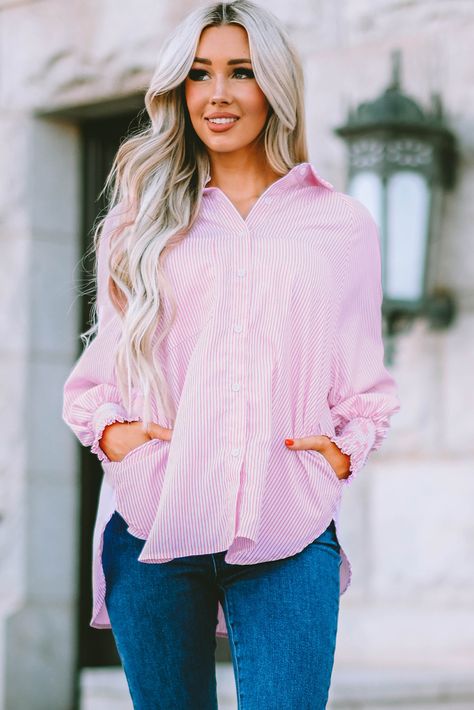 $7.6 Pink Smocked Cuffed Striped Boyfriend Shirt with Pocket Wholesale Striped Boyfriend Shirt, Shirt Cuff, Boyfriend Shirt, Romper Dress, Dress Size Chart, Lantern Sleeves, Office Work, Casual Look, Primavera Estate