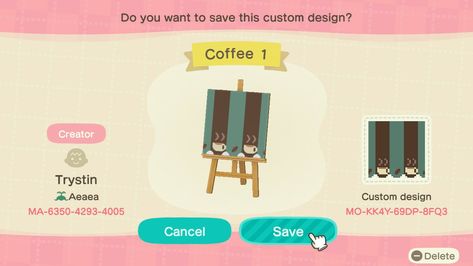 Acnh Coffee Shop Stall Designs, Acnh Coffee Stall Design Code, Animal Crossing Cafe Stall, Fruit Stall Acnh, Animal Crossing Coffee Stall, Acnh Coffee Shop Designs, Acnh Coffee Stall Design, Acnh Stall Qr Codes, Acnh Stall Custom Design