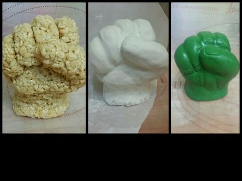 How to make a Hulk hand. The hand is made with rice krispie treats & covered in chocolate then in fondant. Treats Covered In Chocolate, Marvel Cakes, Fondant Dinosaur, Avengers Theme Birthday, Hulk Birthday Cakes, Ironman Cake, Marvel Birthday Party, Hulk Birthday, Hulk Spiderman