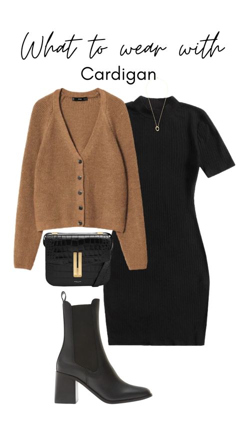 Black And Brown Wardrobe, Brown Dress With Cardigan, Brown Cardigan Outfit Aesthetic, Black Dress With Cardigan Outfit, Black Dress And Cardigan Outfit, Cardigan With Dress Outfit, Black Cardigan Outfit Aesthetic, Cardigan Outfit Dress, Black Dress With Cardigan