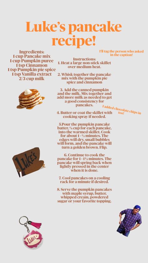 #recipe #fyp #lukes #fall #autumn #gilmoregirls #food #breakfast @Leanee1317 Lukes Pumpkin Pancakes Recipe, Gilmore Girls Cookbook, Lukes Pumpkin Pancakes, Luke’s Pumpkin Pancakes, Gilmore Girls Food, Pumpkin Pancake Recipe, Homemade Cookbook, Halloween Treats Easy, Recipe Girl