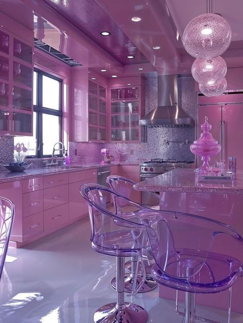 Kitchen Purple, Pink House Interior, Beautiful Dorm Room, 80s House, Cozy Lighting, Aesthetic Dream, Dream Bedroom Inspiration, Cool Room Designs, Fairytale House