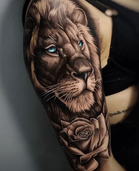 12+ Best Lion Tattoo Ideas - Lions With Blue Eyes | PetPress Lion And Rose Tattoo, Leo Lion Tattoos, Lion Arm Tattoo, Lion Sleeve, Lion Back Tattoo, Lion Tattoo Meaning, Lion Shoulder Tattoo, Tato 3d, Lioness Tattoo