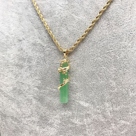 Get silver tone https://www.etsy.com/listing/1059916739/silver-tone-pea-green-jade-dragon?ref=shop_home_active_1 Detail~ height and width: 29mm x 6mm Material: Jade, Gold plated. Jade color: Pea Green Chain: Stainless steel, Gold plated ❥Jade is a healing stone that symbolizes luck and protection. It is also associated with harmony, balance, and good health. The design of this piece is simple and unique, great for everyday wear, layered or alone. This beautiful piece is also great for yourself o Jade Jewelry Design, Jade Necklace Pendant, Jade Color, Jade Dragon, Magical Jewelry, Jade Necklace, Dragon Pendant, Jewelry Lookbook, Jade Jewelry