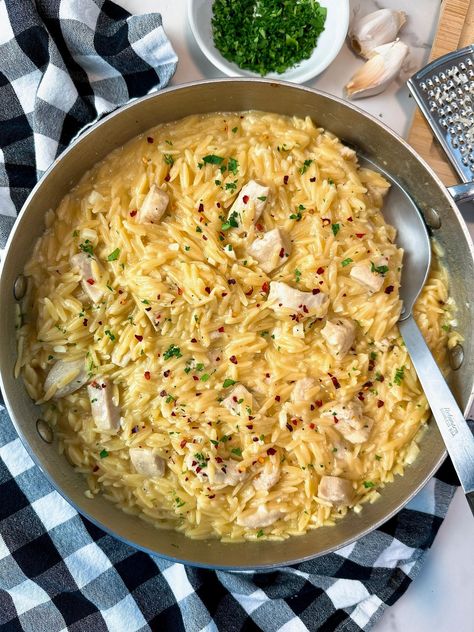 Creamy Garlic Butter Chicken and Orzo Creamy Garlic Butter Chicken, Butter Garlic Chicken, Chicken And Orzo, Moist Chicken, Creamy Garlic Sauce, Orzo Recipes, Chicken Orzo, Garlic Butter Chicken, Creamy Garlic