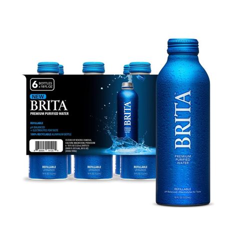 Brita Water, 18 Fl Oz (6 Pack), Premium Purified Still Bottled Water, Infinitely Recyclable Aluminum Bottle, Refillable Water Bottles, Filtered Water, BPA Free. Alkaline Water Brands, Brita Water Bottle, Reuse Bottles, Water Branding, Filtered Water Bottle, Aluminum Water Bottles, Aluminum Bottle, Bottled Water, Alkaline Water