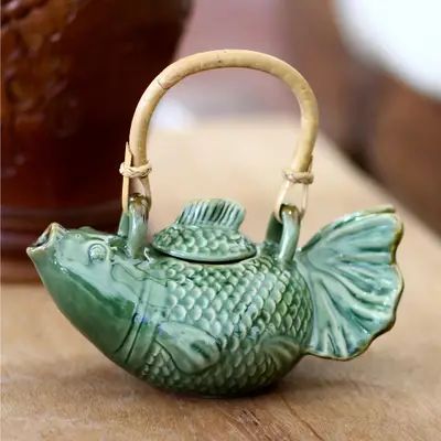 Hand Crafted Ceramic Fish Teapot - Green Koi | NOVICA Turtle Teapot, Fish Teapot, Teapot Ceramic, Tanah Liat, Pottery Teapots, Clay Teapots, Ceramic Teapot, Keramik Design, Ceramic Fish