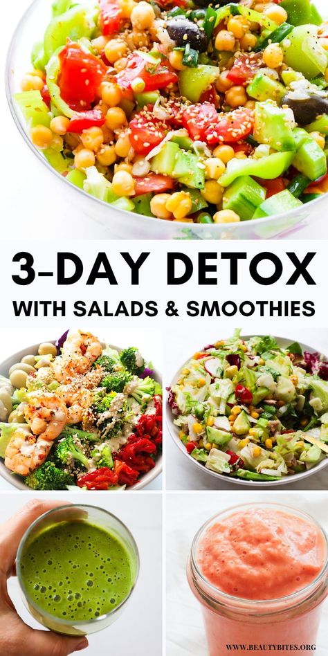 This is a 3-day smoothies and salads detox with energizing whole food recipes for breakfast, lunch and dinner! This three day cleanse full of energizing clean eating recipes will be great for your body and mind! Cleanse Salad Recipe, Three Day Detox Cleanse, Detox Salad Recipes Clean Eating, Detox Dinner Recipes, Detox Salad Recipes, 3 Day Detox Cleanse, Raw Food Cleanse, Easy Breakfast Smoothies, Fruit Recipes Healthy