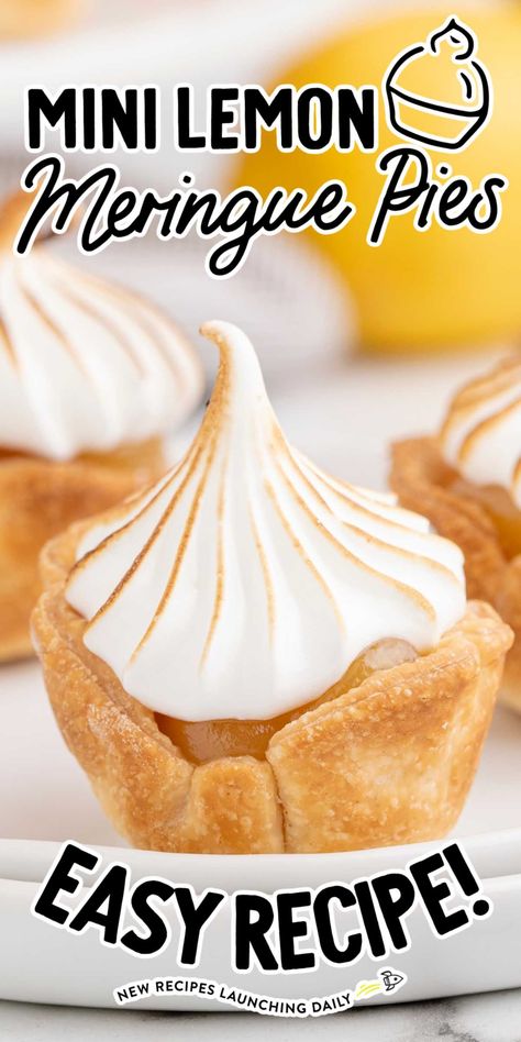 These mini lemon meringue pies are so adorable and taste just like their larger cousins. Buttery crust, tangy lemon filling and perfectly browned meringue make these a real treat. Mini Lemon Meringue Pies, Lemon Meringue Pie Easy, Meringue Pies, Mini Pie Recipes, Lemon Meringue Tart, Homemade Pie Crust Recipe, Meringue Pie Recipes, Delicious Deserts, Dessert Bites