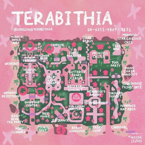 𝘽𝙧𝙤𝙤𝙠𝙚 ☾.*✧ on Instagram: “🌸💗 Spring pink fairytale map of Terabithia 💗 🌸 Another huge thank you to @wickerisland and her talent for this amazing map!! 10/10…” Kawaii Island, Mermaid Dancing, Dream Address, Wedding Pool Party, Acnh Inspiration, Pink Island, Map Layout, Pool Wedding, Amazing Maps