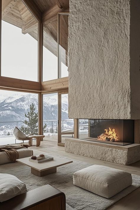 40 Coziest Mountain Homes With Stone Fireplaces Mountain Apartment Interior Design, Mountain Stone Fireplace, Fireplace Near Windows, Large Open Fireplace, Home Fireplace Stone, Modern Lodge Fireplace, Mountain Interior Design Rustic, Mountain House Entryway, Ski Interior Design