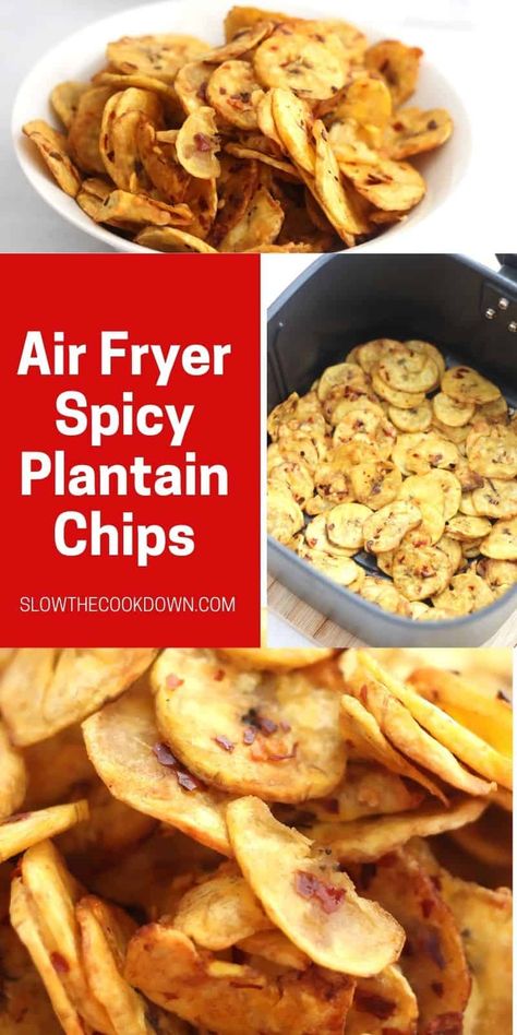 Put down the potato chips and make up a batch of these air fryer plantain chips instead. Super crispy and a little bit spicy, these are a delicious and healthier alternative that require very little effort. Seasoned with chili flakes, these are a great healthy homemade snack. Plantain Chips Air Fryer, Air Fryer Plantain Chips, Green Plantain Recipes, Plantain Chips Recipe, Chips Spicy, Healthy Chips, Healthy Homemade Snacks, Plantain Recipes, Crispy Chips