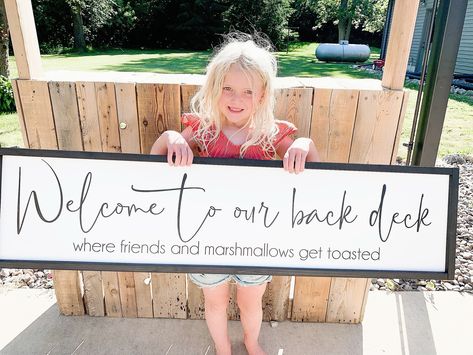 "Welcome to our back deck sign is the perfect sign for your back patio. It can say anything you would like instead, such as welcome to our lake home 💗 *THIS IS NOT SEALED FOR OUTDOOR USE. We recommend keeping this inside only. This sign pictured measure approximently 12x46\". If you order a different size it may look different than the one pictured due to the dimensions (May have more white space, etc). Dimensions- 8x24 10x36 12x46 16x48 (Sizes can vary by 1/2\") All of our signs are lightly sa Deck Signs, Cafe Quotes, Hallway Pictures, Deck Renovation, Grilling Area, Deck Sign, Backyard Signs, Patio Signs, Lake Home