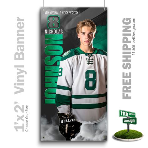 "➡️ Looking for a custom sports photo, printed vinyl hockey banner for senior night and need it fast? You've come to the right shop! We'll add your athlete's photo(s) to our personalized sports banner design and deliver a custom printed vinyl sports banner that looks like the pros! You are purchasing a custom sports photo banner, high quality, 13 oz. vinyl with corner grommets for hanging inside or outside. We will add your photo(s) and text to create the perfect personalized sports banner for s Sports Banner Design, Senior Night Posters, Stadium Lights, Sports Banner, Hockey Posters, Sports Photo, Sports Posters, Photo And Text, Sport Banner