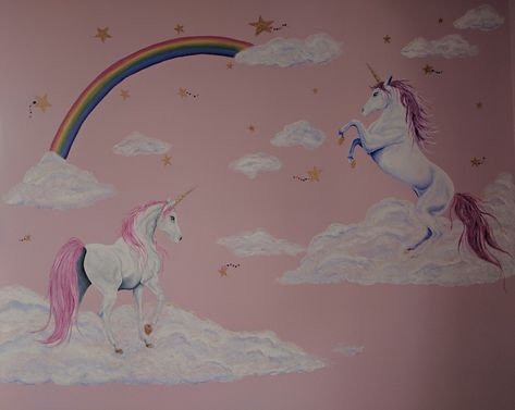 Unicorn Wall Painting Girl Rooms, Unicorn Wall Painting, Unicorn Mural, Unicorn Wall Mural, Mural Hand Painted, Painted Unicorn, Newborn Art, Mermaid And Unicorn, Bedroom Mural