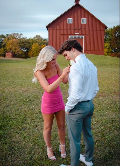 Brown Homecoming Couple, Pink And White Hoco Couple, Navy And Pink Hoco Couple, Homecoming Date Aesthetic, Bf And Gf Hoco Pics, Homecoming Couple Ideas, Homecoming Couples Outfits Pink, Couples At Homecoming, Hoco Aesthetic Couple