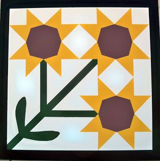 Morgan County Barn Quilts in Colorado: 'Triple Sunflower' - 22575 I-76 North Frontage - Heidi Elliot Sunflower Barn Quilt Patterns, Sunflower Barn Quilt, Sunflower Quilts, Painted Barn Quilts, Barn Signs, Barn Quilt Designs, Quilts Patterns, Pattern Printable, Barn Art