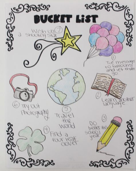 Sketchbook exercise for Art 1. Bucket list with doodles. Myrtle Beach High School Art. #MBHSart Journal Ideas Doodle, Inspiration Journal Ideas, Borders Bullet Journal, List Drawing, Beginner Youtube, Plant Doodle, Bucket List Journal, Inspiration Journal, Doodle Pages