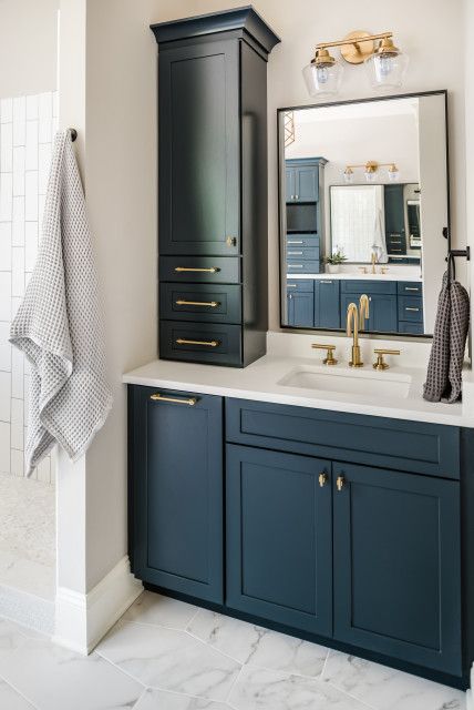 Mom Bathroom, Navy Blue Bathrooms, Navy Bathroom, Cream Bathroom, Blue Bathroom Vanity, Custom Bathroom Vanity, Custom Bathroom, Boys Bathroom, Modern Baths