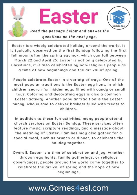 Easter Reading Comprehension Easter Reading Comprehension Worksheets, Easter Reading Comprehension, Holiday Reading Comprehension, Kids Learning Charts, British Holidays, Teach English To Kids, Easter Worksheets, British School, Reading Comprehension Lessons