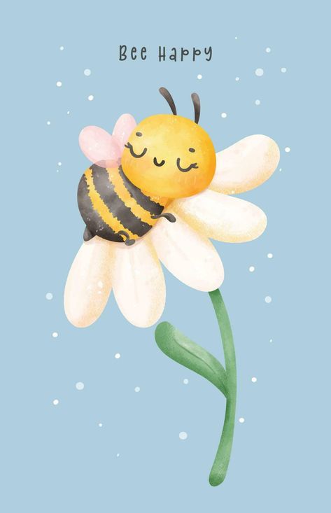 Cute baby honey bee sleeping in flower watercolor cartoon character hand painting illustration vector. Bee Happy Bee Flower Drawing, Cartoon Bees Cute, Bee Sleeping In Flower, Bee Painting Easy, Frases Cute, Bee Watercolor, Bee And Flower, Watercolor Cartoon, Bee Classroom