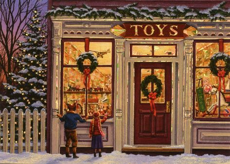 Christmas card Kids in front of toy store window w/rocking horse & train & doll house & doll & plane Christmas Toy Store, Whatever Will Be Will Be, Christmas Toy Shop, Vintage Christmas Toys, Christmas Window Display, Christmas Town, Decoupage Vintage, Old Fashioned Christmas, Christmas Store