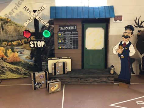 Christmas Train Station Decor, Train Station Props, Train Station Decoration, Train Depot Decor, Train Station Decor, Train Vbs, Train Decorations, Polar Express Christmas Party, Polar Express Theme