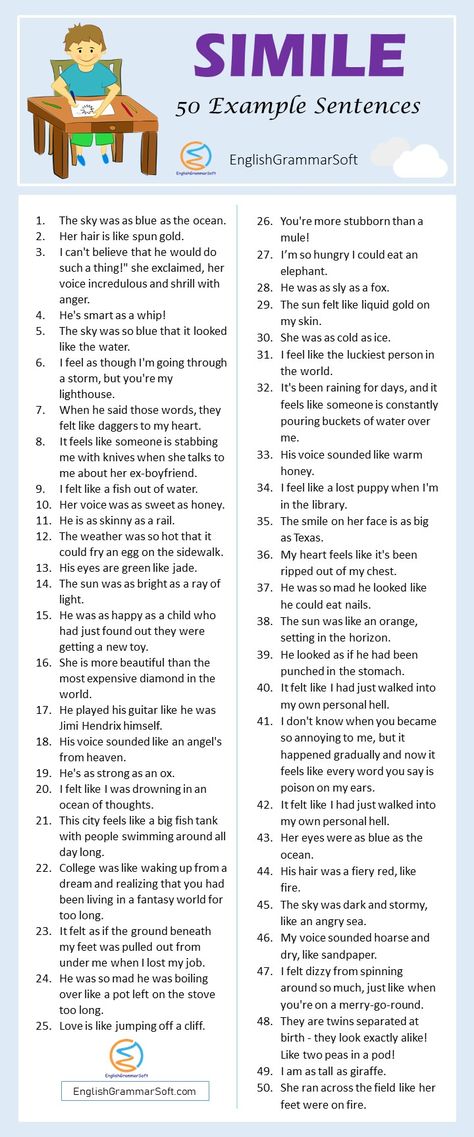 50 Sentences of Simile (Common Examples of simile) Simile Sentences, Metaphor Poems, Simile Poems, Literature Notes, Study Sheets, Example Of Simile, English Conversation Learning, Sentence Examples, Similes And Metaphors