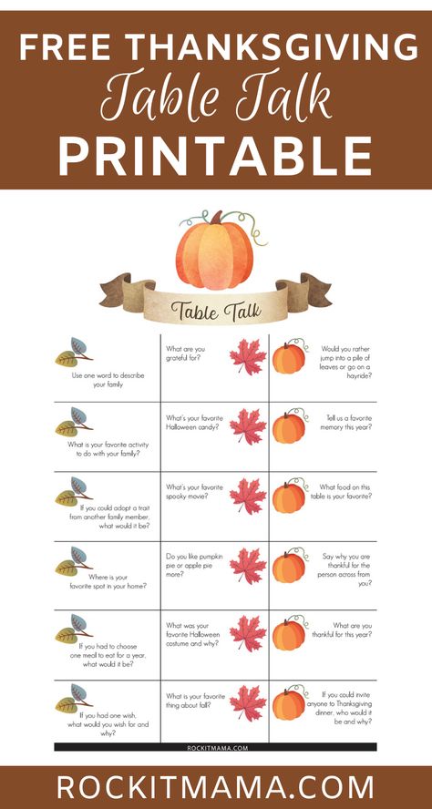 Table Talk Thanksgiving Conversation Game - Free Printable! - Rock it Mama Thanksgiving Table Talk Questions, November Celebrations, Thanksgiving Table Talk, Thanksgiving Table Favors, Ward Activities, Thanksgiving Traditions Family, Thankful Printable, Thanksgiving Table Settings Simple, Thanksgiving Lunch