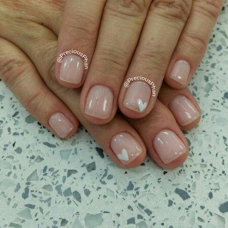 Light Pink Nails With White Heart, Nude Valentines Day Nails, Really Short Nails, Pale Nails, Nails With White, Pale Pink Nails, Light Pink Nails, Nail Designs Valentines, Beige Nails