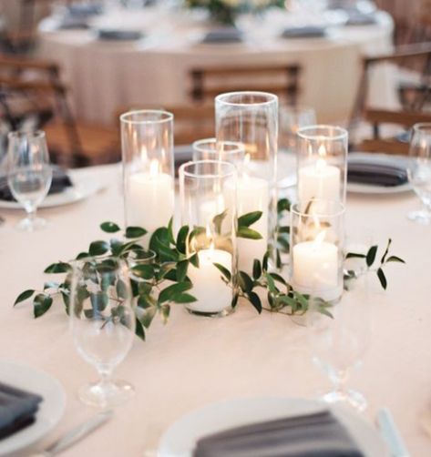 Pillar Candle Centerpieces, Pillar Candles Wedding, Romantic Rustic Wedding, Italian Ruscus, Greenery Centerpiece, Candle Wedding Centerpieces, Budget Friendly Wedding, Easy Candles, Rustic Wedding Centerpieces