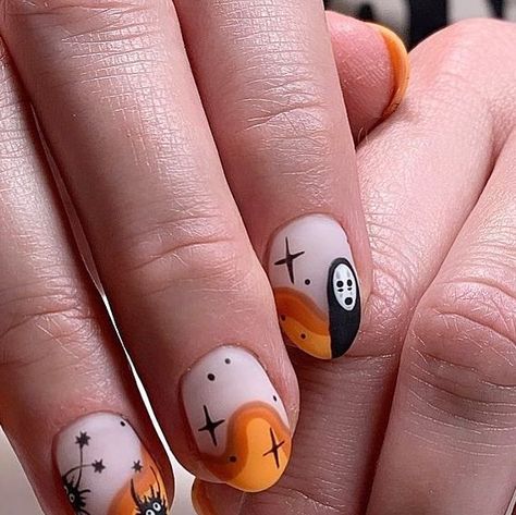 Sprite Nails, Soot Sprite Nails, Hand Painted Nail Art, Soot Sprites, Painted Nail Art, Star Nails, No Face, Orange Nails, French Tip Nails