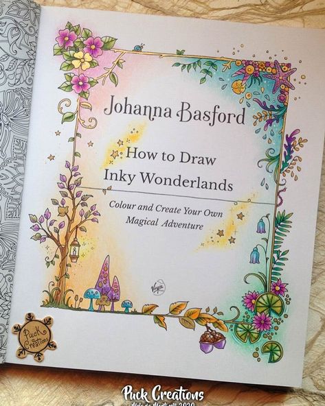 Puck Creations on Instagram: “Title page from How to Draw Inky Wonderlands! Love so much this book! I colored with Polychromos and metallic watercolor and i have added…” Johanna Basford Christmas, Magical Jungle Johanna Basford, Lettering Poster, Joanna Basford Coloring, Metallic Watercolor, Y2k Stickers, Mind Map Design, File Decoration Ideas, Creative School Project Ideas