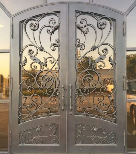 IWD Thermal Break Beautiful Wrought Iron Double Door CID-028 Luxury Scrollwork Arched Top Clear Glass Arched Kickplate Iron Double Door, Iron Front Doors, Wrought Iron Entry Doors, Wrought Iron Front Door, Modern Entry Door, Iron Front Door, Iron Entry Doors, Door Sweep, Steel Windows