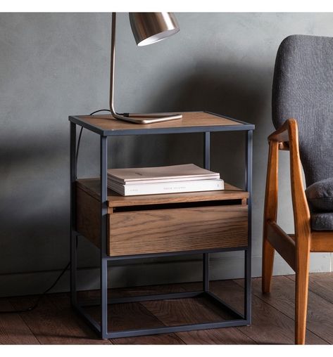 Balham Smoked Side Table Industrial Bedrooms, Industrial Style Bedside Table, Drawer Side Table, Table Drawer, Bedside Furniture, Bedside Table Design, Walnut Side Tables, Oak Side Table, Modern Bedside Table