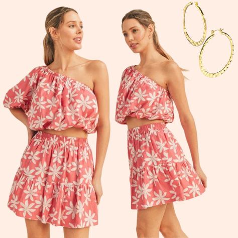 Pink Plumeria, Pink Floral Skirt, Ruched Maxi Dress, Flounce Top, Top And Skirt Set, One Shoulder Top, Top And Skirt, One Shoulder Tops, Romper Dress